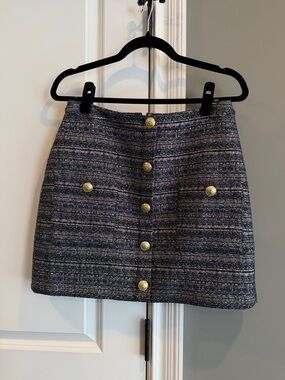 L'AGENCE Navy Tweed Mini Skirt with Gold Buttons